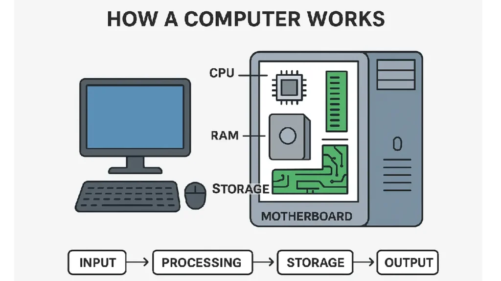 Infographic showing how a computer works, featuring a desktop monitor, keyboard, mouse, and an open PC case displaying labeled components including CPU, RAM, storage, and motherboard, with a bottom flowchart illustrating the input–processing–storage–output cycle